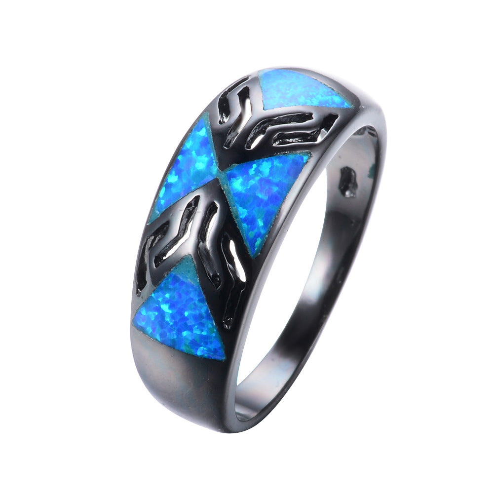 Women's Black Wide Band Geometric Triangle Opal Ring