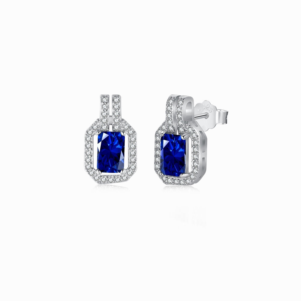 Women's Geometric Frame Stud Earrings, Rectangular Blue Sapphire, Round Zirconia Halo Setting, S925 with White Gold Plating