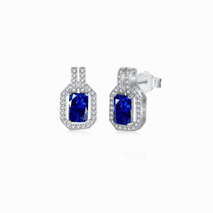 Women's Geometric Frame Stud Earrings, Rectangular Blue Sapphire, Round Zirconia Halo Setting, S925 with White Gold Plating