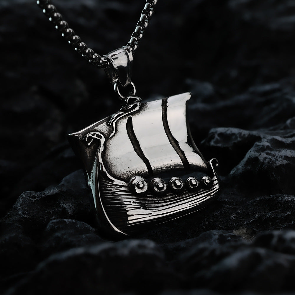 Vintage Stainless Steel Viking Longship Pendant Necklace for Men