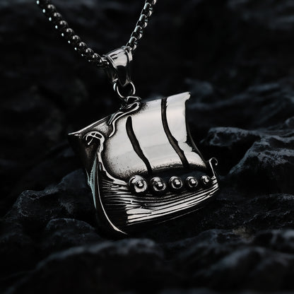 Vintage Stainless Steel Viking Longship Pendant Necklace for Men