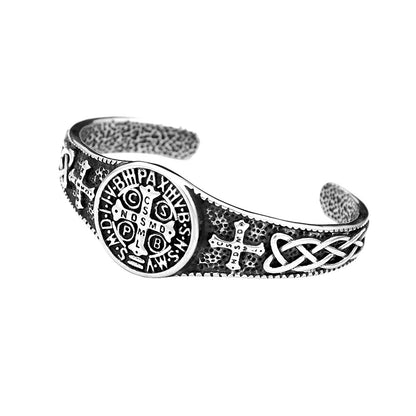 Men's Vintage Stainless Steel Open C Cuff Bracelet, Viking Celtic Knot Cross Exorcist Pattern Retro Adjustable Bangle