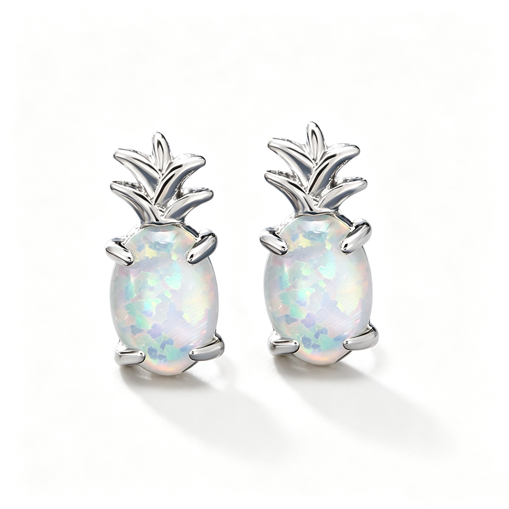 Women's Pineapple‑Shape Stud Earrings, White Opal / Blue Opal