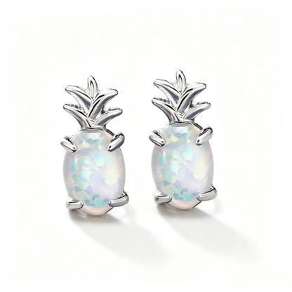 Women's Pineapple‑Shape Stud Earrings, White Opal / Blue Opal