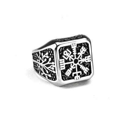 Vintage Nordic Solid Stainless Steel Tree of Life Compass Square Signet Ring for Men