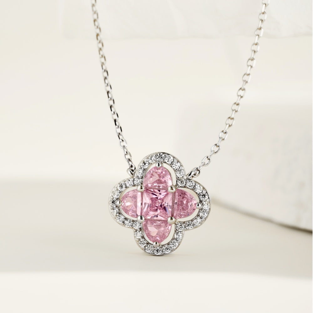 Women's Clover Pendant Necklace, D‑Shape Pink Sapphire, S925 with White Gold Plating
