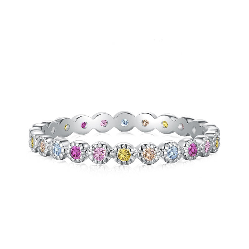 Women's Colorful Round Zirconia Paved Slim Band Ring, S925 with White Gold Plating