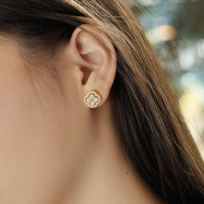 Women's Clover Halo Stud Earrings, Round Clear Zirconia, S925 with 18K Gold Plating