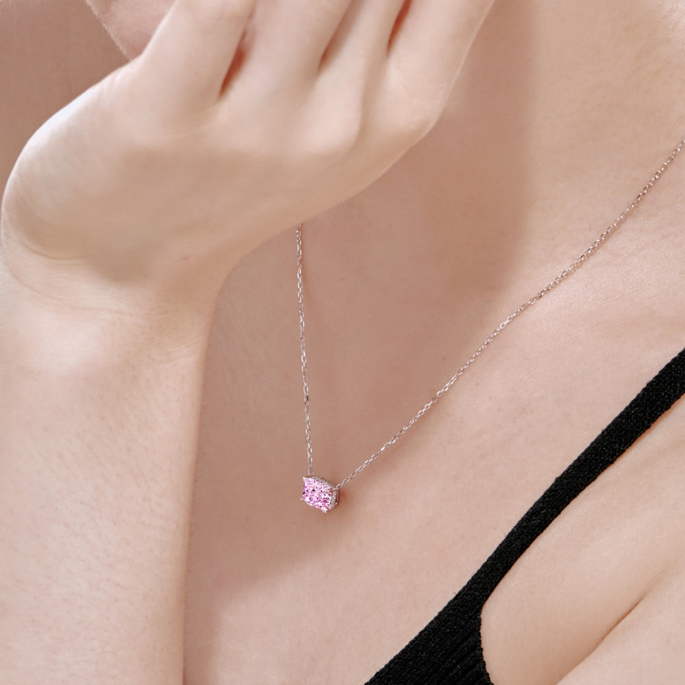Women's Luxury Pendant Necklace, Rectangle Shape Crushed Ice Cut Pink Sapphire Inlay, S925 with White Gold Plating