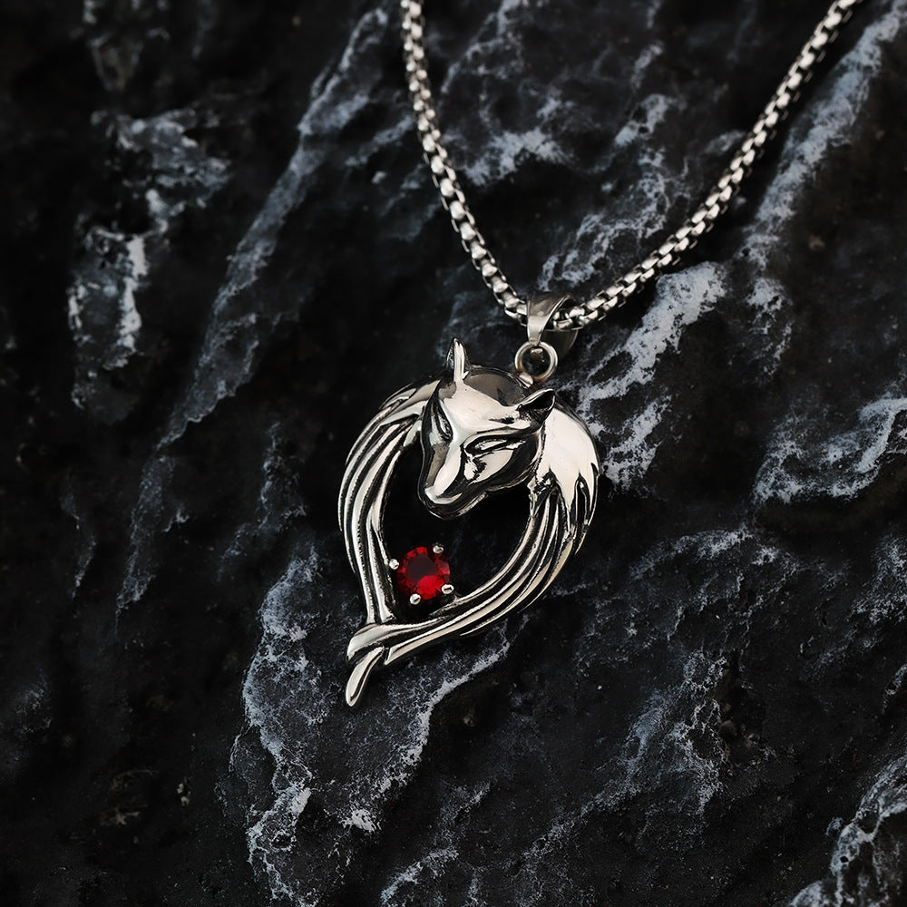 Vintage Stainless Steel Men's Wolf Head Pendant Necklace Inlaid Red Zircon