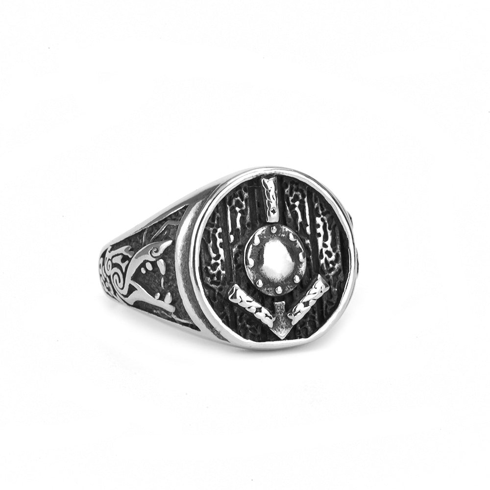 Vintage Solid Stainless Steel Hip Hop Shield Symbol Band Ring for Men