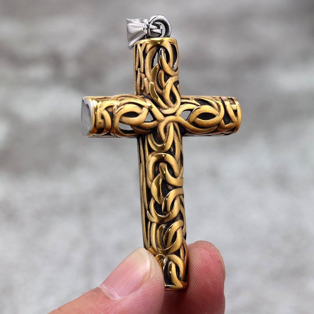 Vintage men's stainless steel carved cross pendant necklace
