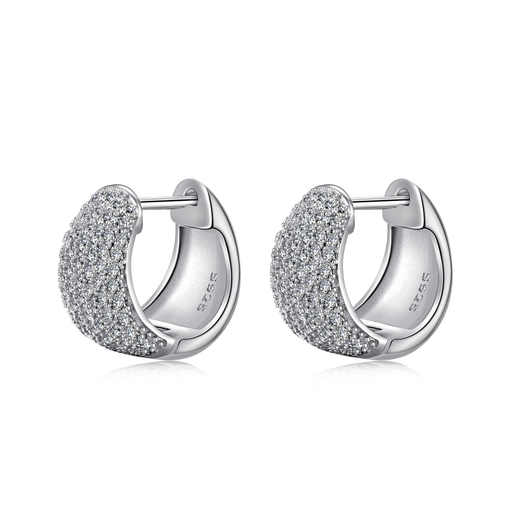 Women's U‑Shape Hoop Earrings, Paved Round Colorless Zirconia Inlaid, Delicate Compact Style, S925 with White Gold Plating