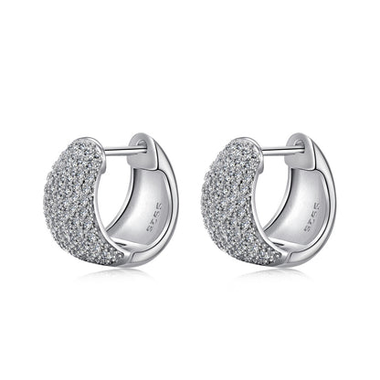 Women's U‑Shape Hoop Earrings, Paved Round Colorless Zirconia Inlaid, Delicate Compact Style, S925 with White Gold Plating