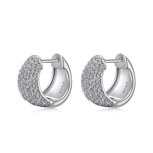Women's U‑Shape Hoop Earrings, Paved Round Colorless Zirconia Inlaid, Delicate Compact Style, S925 with White Gold Plating