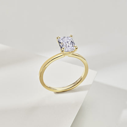 Women's Gold Plated S925 Silver Radiant Cut Ice Flower Cut Rectangular Colorless Cubic Zirconia Solitaire Ring
