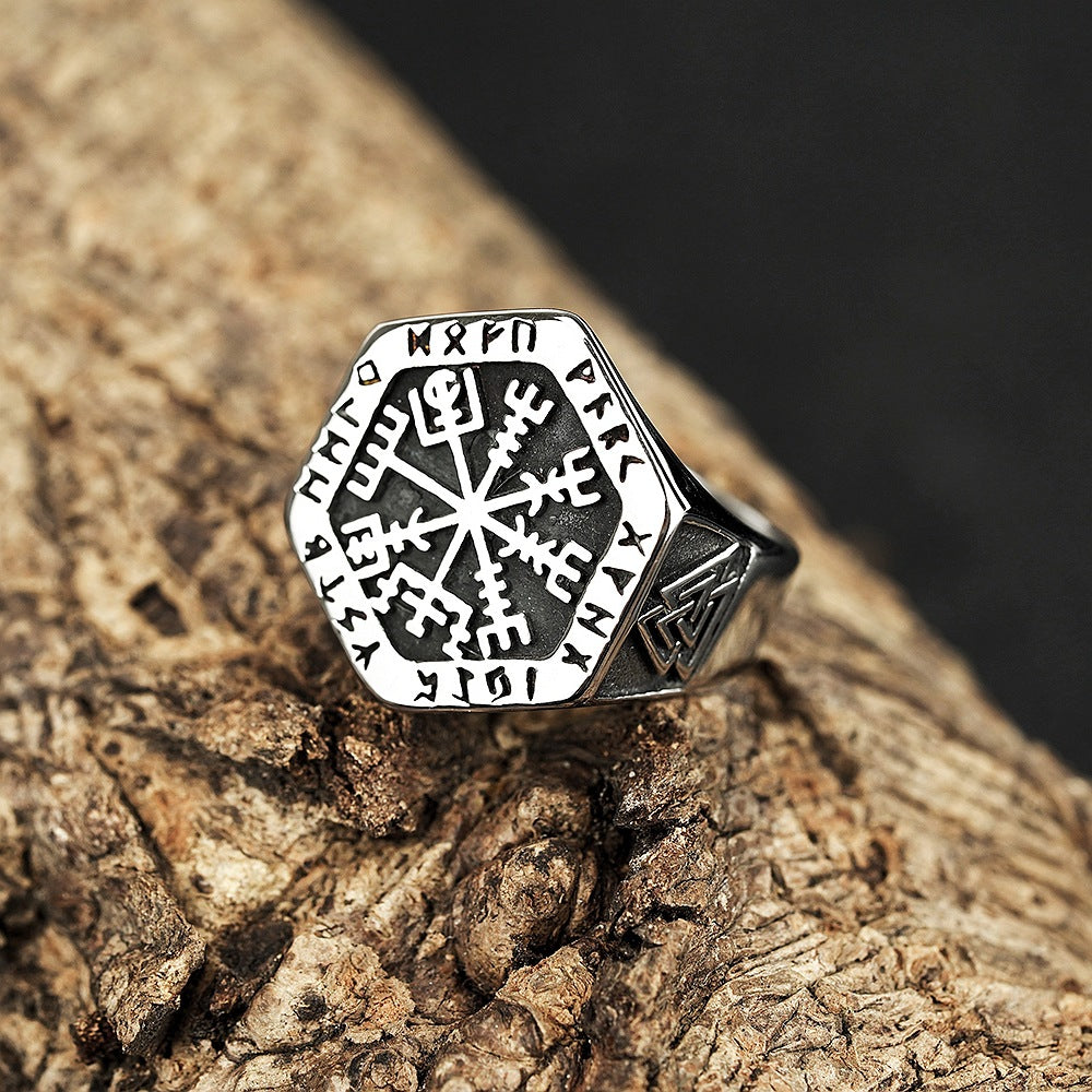 Vintage Antique Oxidized Solid Stainless Steel Norse Viking Helm of Awe Rune Hexagon Signet Band Ring for Men