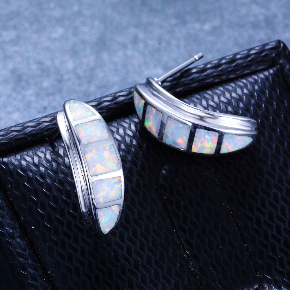 Women's Curved Grooved Stud Earrings, Blue Opal / White Opal