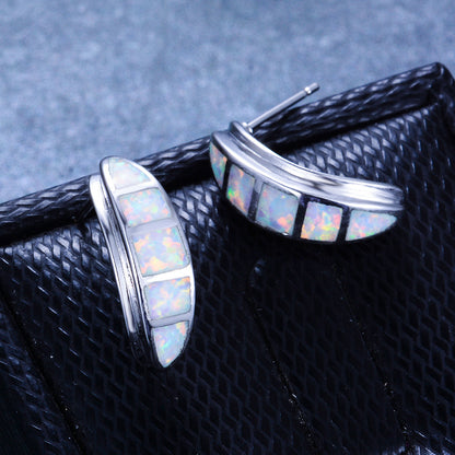 Women's Curved Grooved Stud Earrings, Blue Opal / White Opal