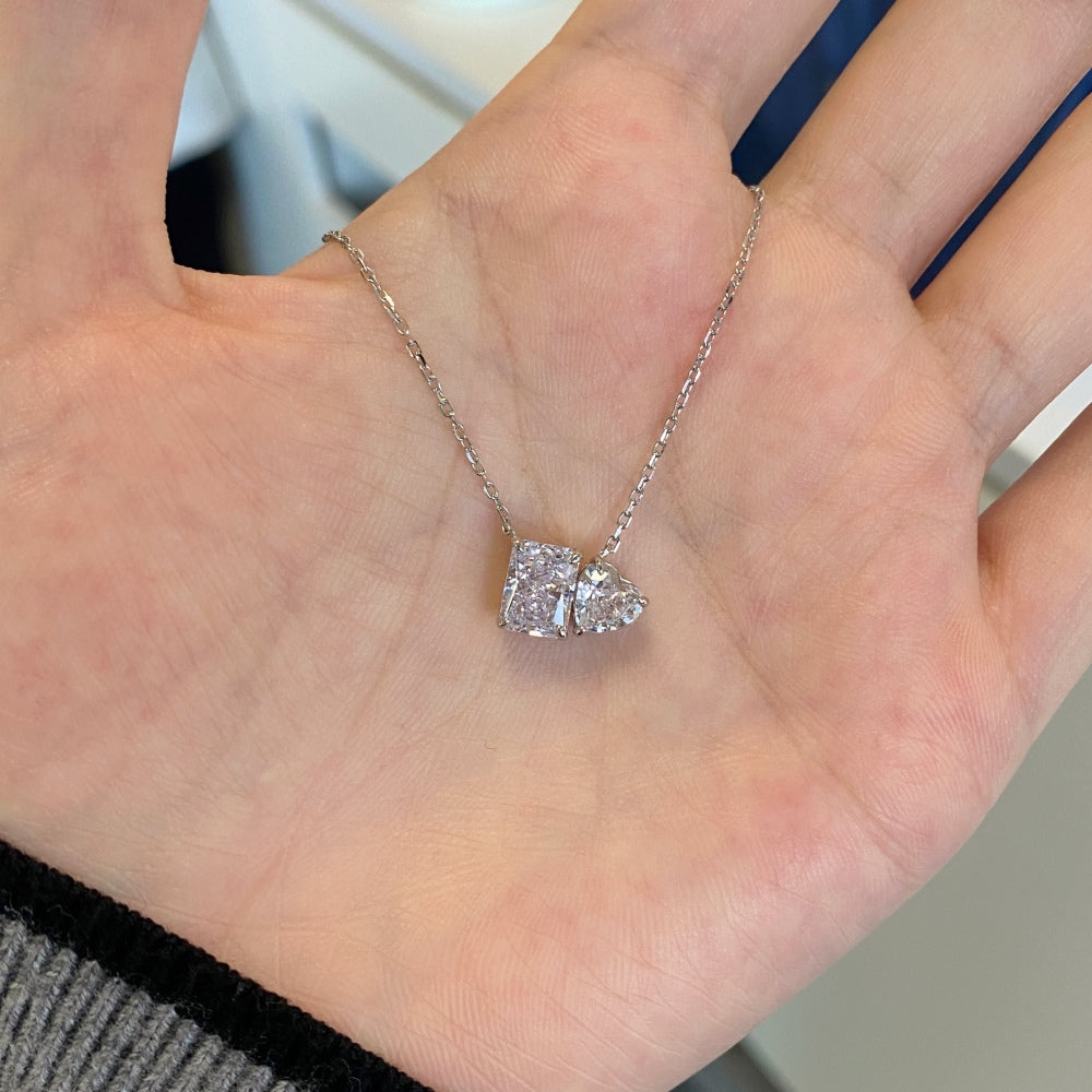 Women's Dual Main Stone Pendant Necklace, Rectangle & Heart Shape Zirconia Inlay, S925 with White Gold Plating