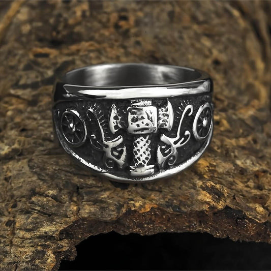 Vintage Solid Stainless Steel Norse Thor's Hammer Symbol Wide Band Ring for Men