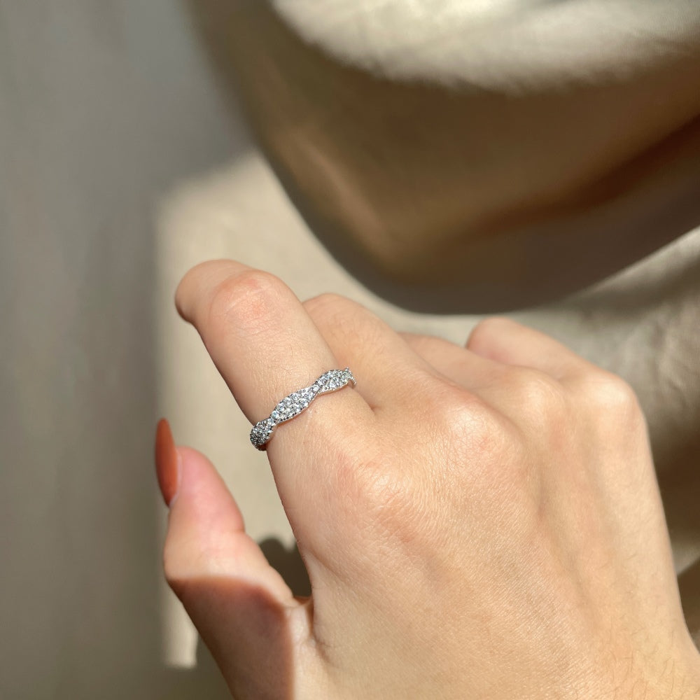 Women's S925 Silver White Gold Tone Pave Zircon Wave Ring, Luxury Stackable Ladies Fashion Ring
