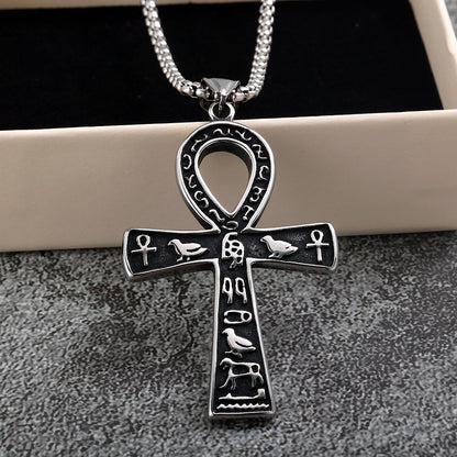 Men's Steel Egyptian Ankh Hieroglyph Pendant Necklace
