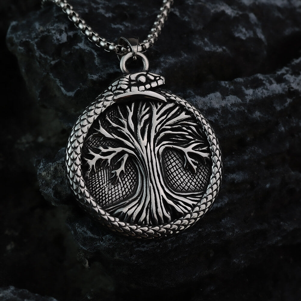 Men's Steel Vintage Ouroboros Tree of Life Round Pendant Necklace