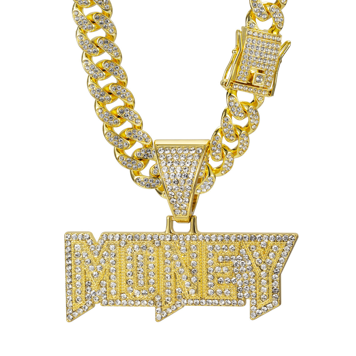 Hip-Hop Zircon-Encrusted Letters MONEY Cuban Chain Pendant Necklace