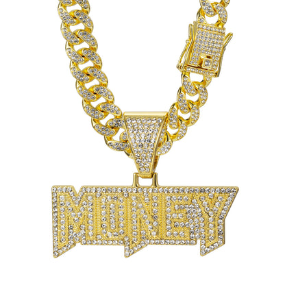 Hip-Hop Zircon-Encrusted Letters MONEY Cuban Chain Pendant Necklace