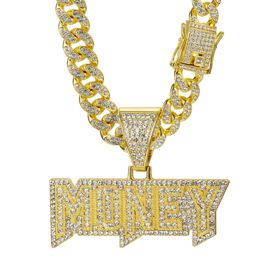 Hip-Hop Zircon-Encrusted Letters MONEY Cuban Chain Pendant Necklace
