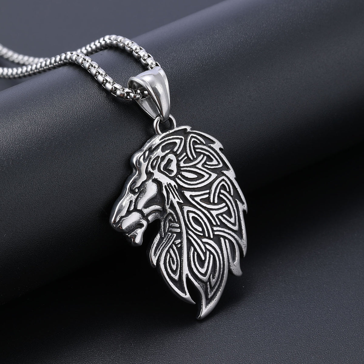 Men's Steel Celtic Lion Head Pendant Necklace