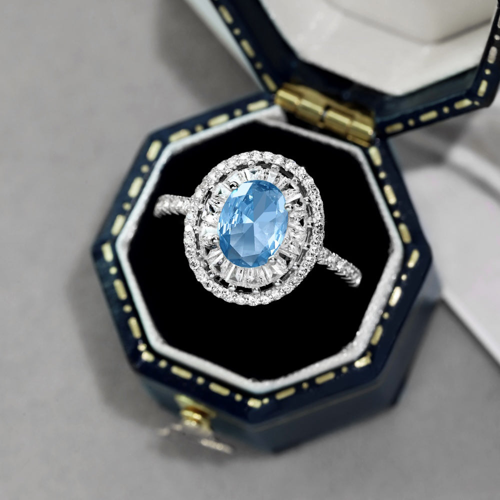 Women's Blue Oval Main Stone Inlaid White Round Zirconia Hollow Out Ring, S925 with White Gold Plating