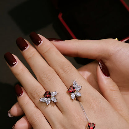 Women's Flower Stud Earrings, Red Heart Zirconia with White Marquise Zirconia, S925 with White Gold Plating