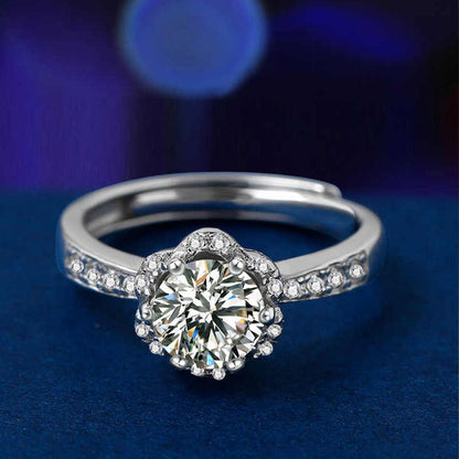 Women's White Gold Flower Shape Adjustable Moissanite Ring