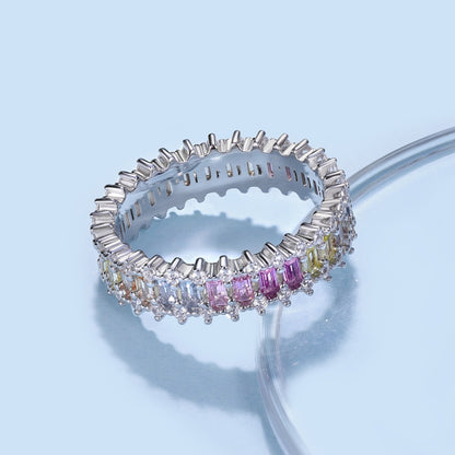 Women's Colorful Rectangular Zirconia Paved Hollow Design Ring, S925 with White Gold Plating