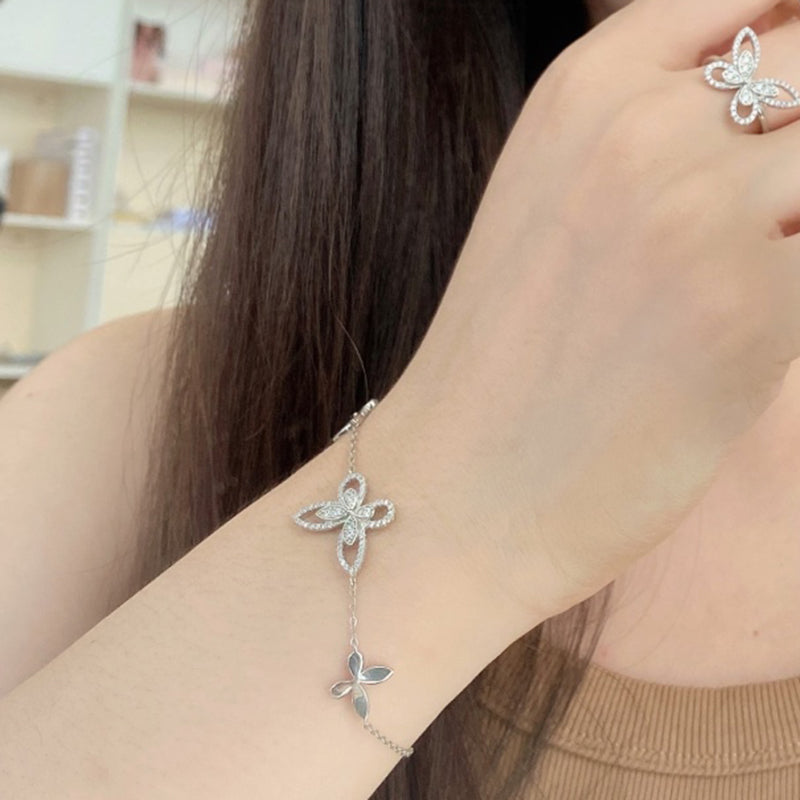 Women's Adjustable Bracelet, Butterfly Shape Paved Zirconia Inlay, S925 with White Gold Plating