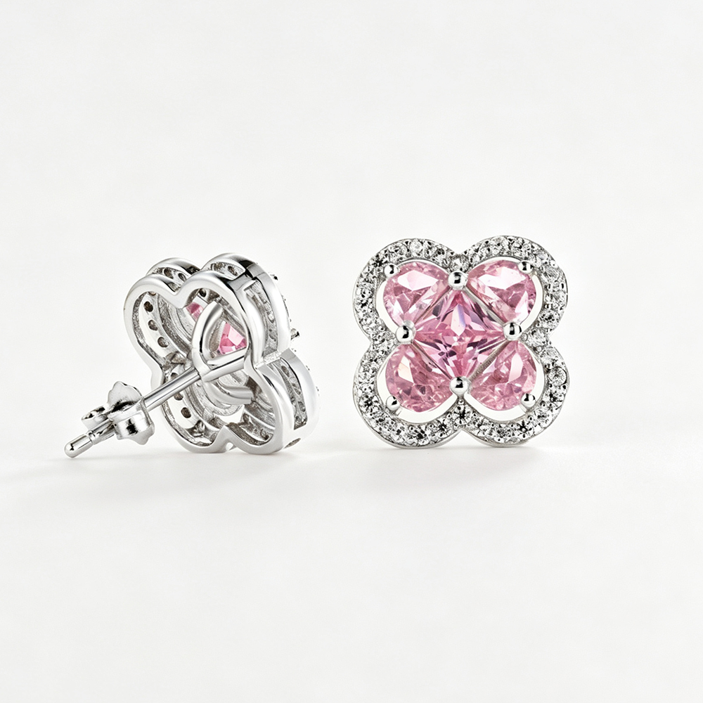 Women's Clover Halo Stud Earrings, Heart‑Shape Pink Zirconia, S925 with White Gold Plating