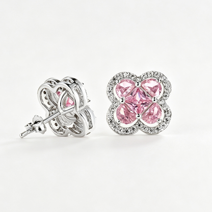 Women's Clover Halo Stud Earrings, Heart‑Shape Pink Zirconia, S925 with White Gold Plating