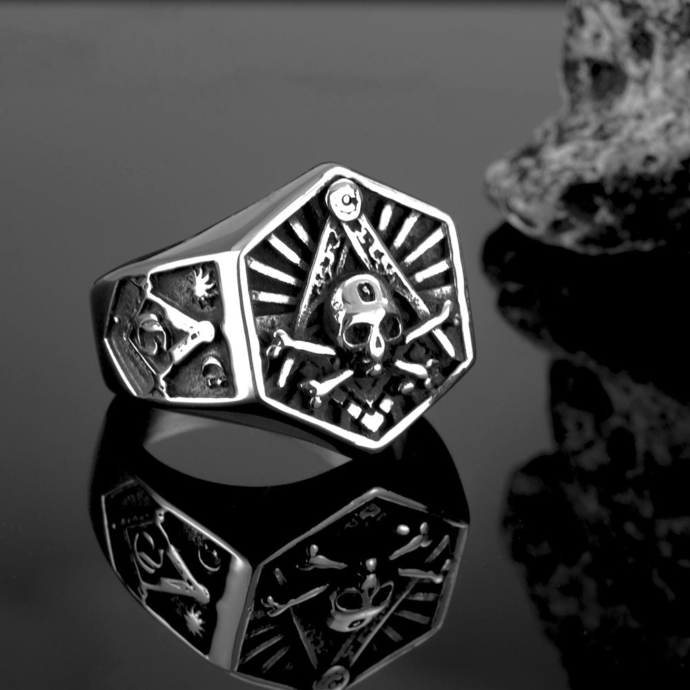 Vintage Solid Stainless Steel Wide Band Hexagon Masonic AG Skull Signet Ring for Men