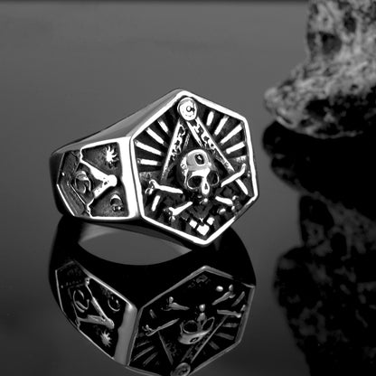 Vintage Solid Stainless Steel Wide Band Hexagon Masonic AG Skull Signet Ring for Men