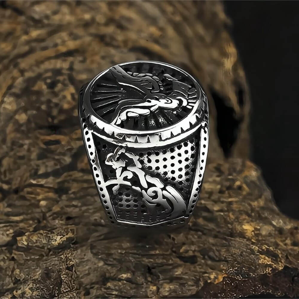 Vintage Solid Stainless Steel Norse Viking Eagle Totem Round Wide Signet Ring for Men