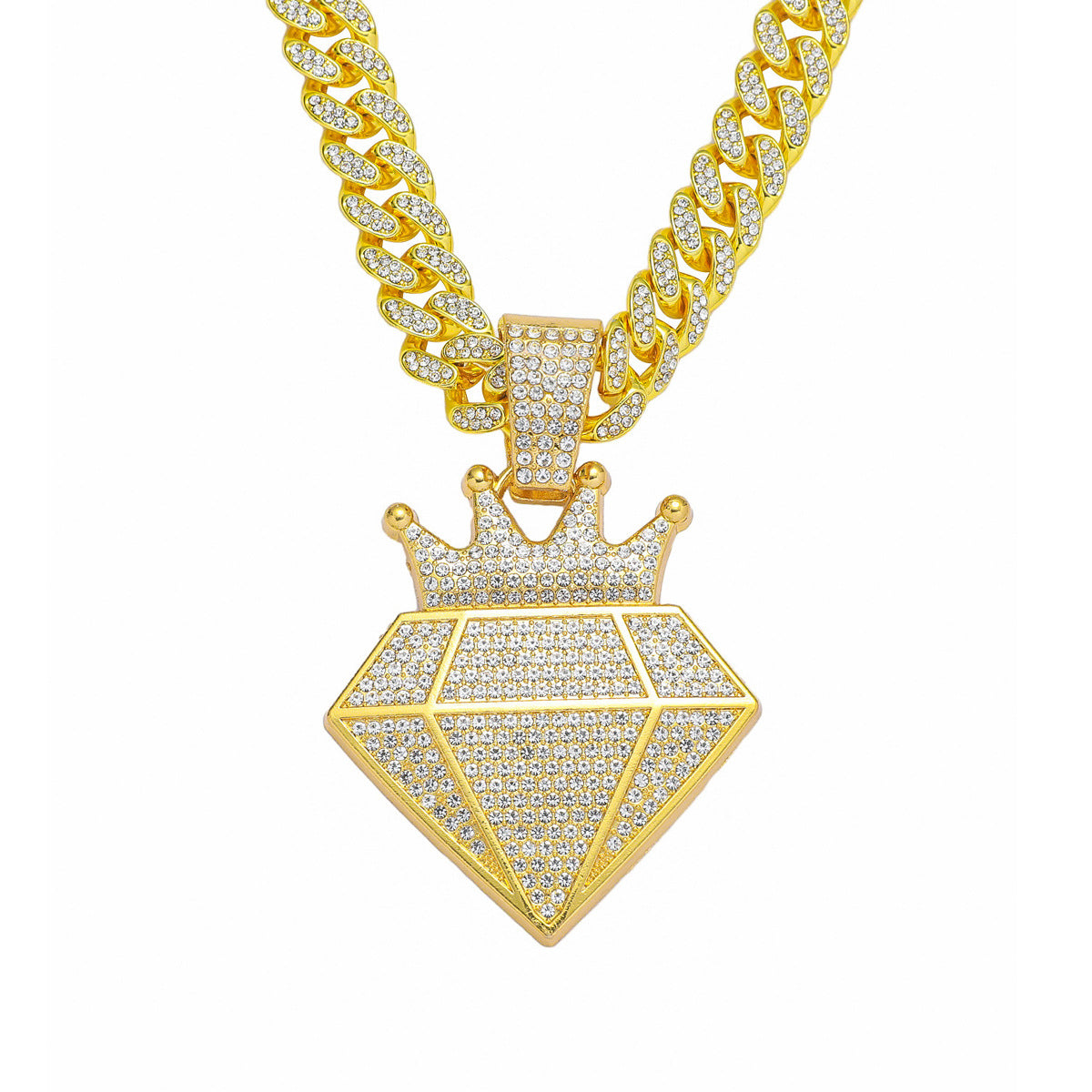 Hip-Hop Crown Diamond-Shaped Cuban Chain Pendant Necklace