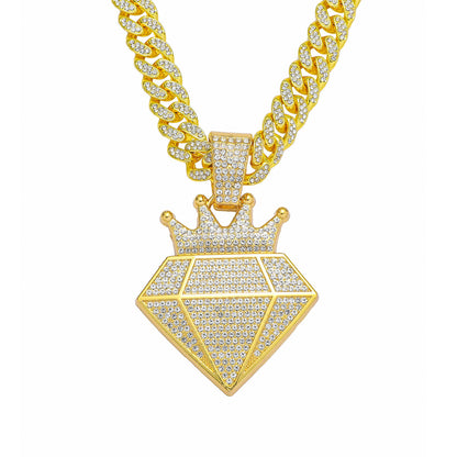 Hip-Hop Crown Diamond-Shaped Cuban Chain Pendant Necklace