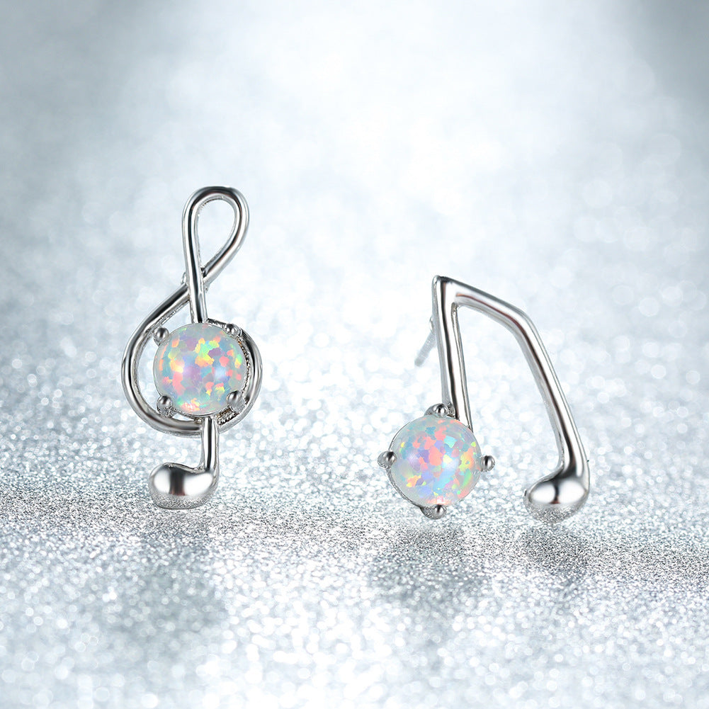 Women's Asymmetrical Music Note Round Opal Stud Earrings, Blue Opal & White Opal