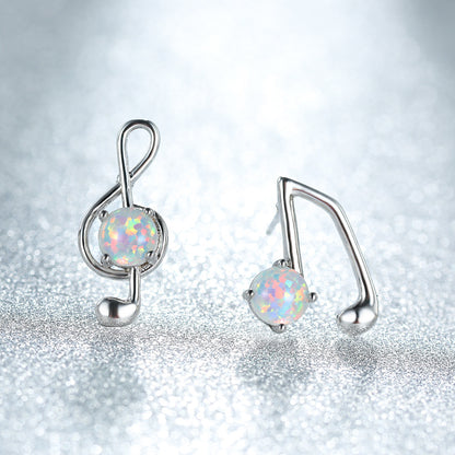 Women's Asymmetrical Music Note Round Opal Stud Earrings, Blue Opal & White Opal