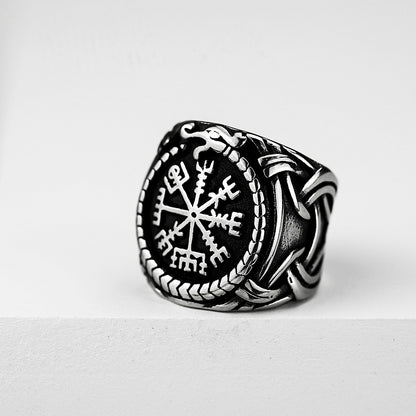 Vintage Antique Oxidized Solid Stainless Steel Norse Viking Aegishjalmur Helm of Awe Celtic Knot Wide Signet Band Ring for Men