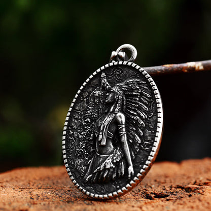 Vintage Stainless Steel Double Sided Native American Pendant Necklace for Men