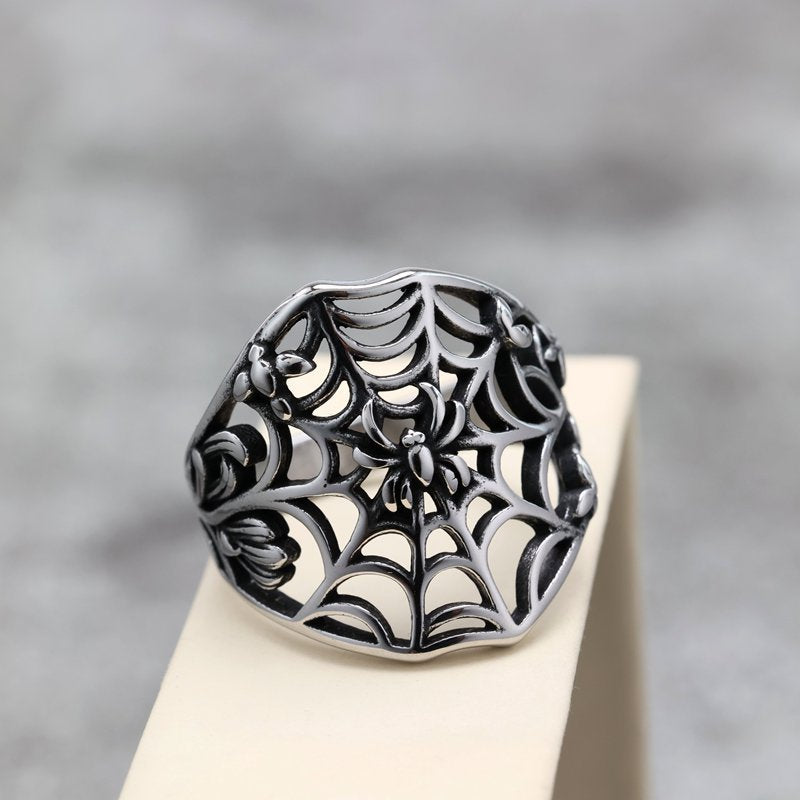 Vintage Solid Stainless Steel Hollow Spider Web Ring for Men