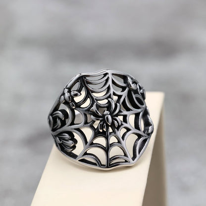 Vintage Solid Stainless Steel Hollow Spider Web Ring for Men